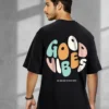 Men's Black Good Vibes Typography Oversized T-shirt