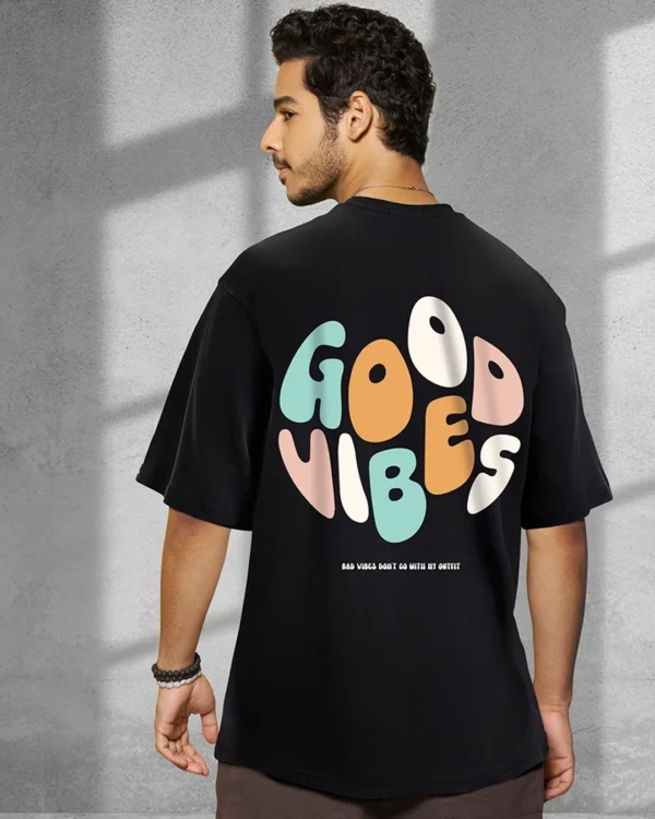 Men's Black Good Vibes Typography Oversized T-shirt