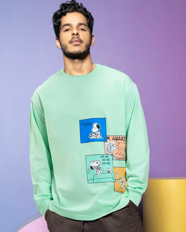 Men's Green Snoopy Stripboard Graphic Printed Oversized T-shirt