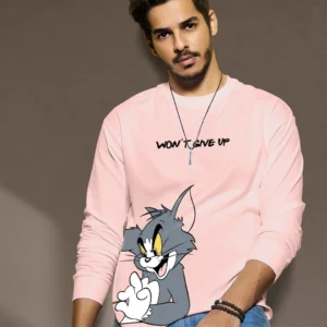 OFFICIAL TOM & JERRY MERCHANDISE Men's Pink Tom Chase Graphic Printed Oversized T-shirt