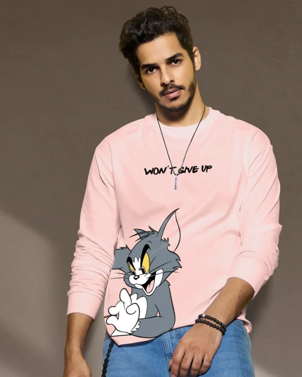 OFFICIAL TOM & JERRY MERCHANDISE Men's Pink Tom Chase Graphic Printed Oversized T-shirt