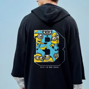 Men's Black Minions Me Want Banana Graphic Printed Super Loose Fit Hoodies