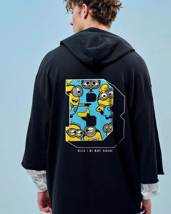 Men's Black Minions Me Want Banana Graphic Printed Super Loose Fit Hoodies